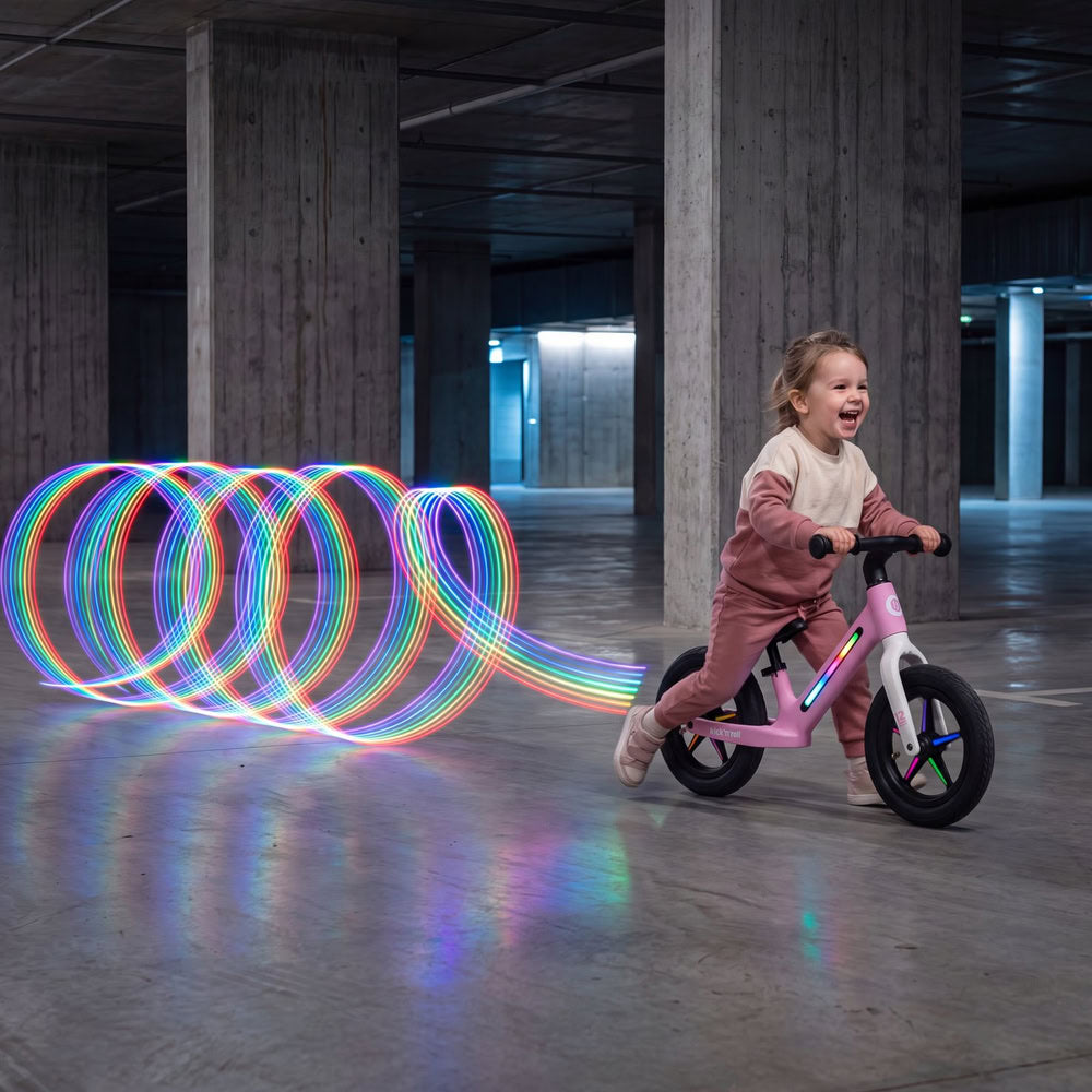 Bicicleta fara pedale pentru copii, roz, Kick'n'Roll B360, reglabila, cadru si spite cu efecte luminoase, 3+ ani, suport maxim 30 kg