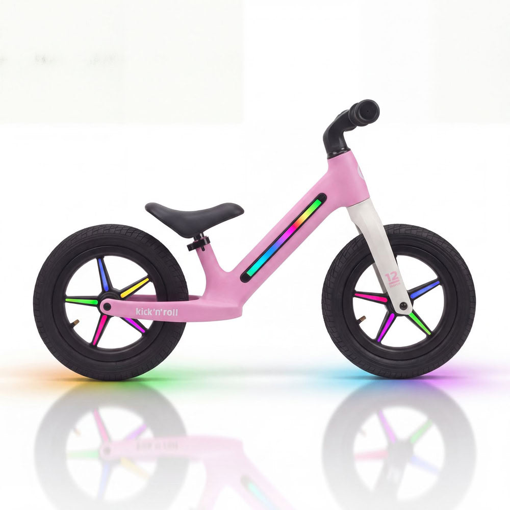 Bicicleta fara pedale pentru copii, roz, Kick'n'Roll B360, reglabila, cadru si spite cu efecte luminoase, 3+ ani, suport maxim 30 kg