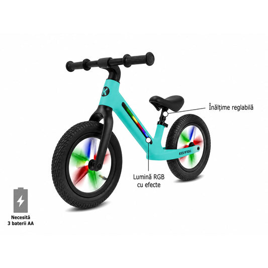 Bicicleta fara pedale pentru copii, turcoaz, Kick'n'Roll B360, reglabila, cadru si spite cu efecte luminoase, 3+ ani, suport maxim 30 kg