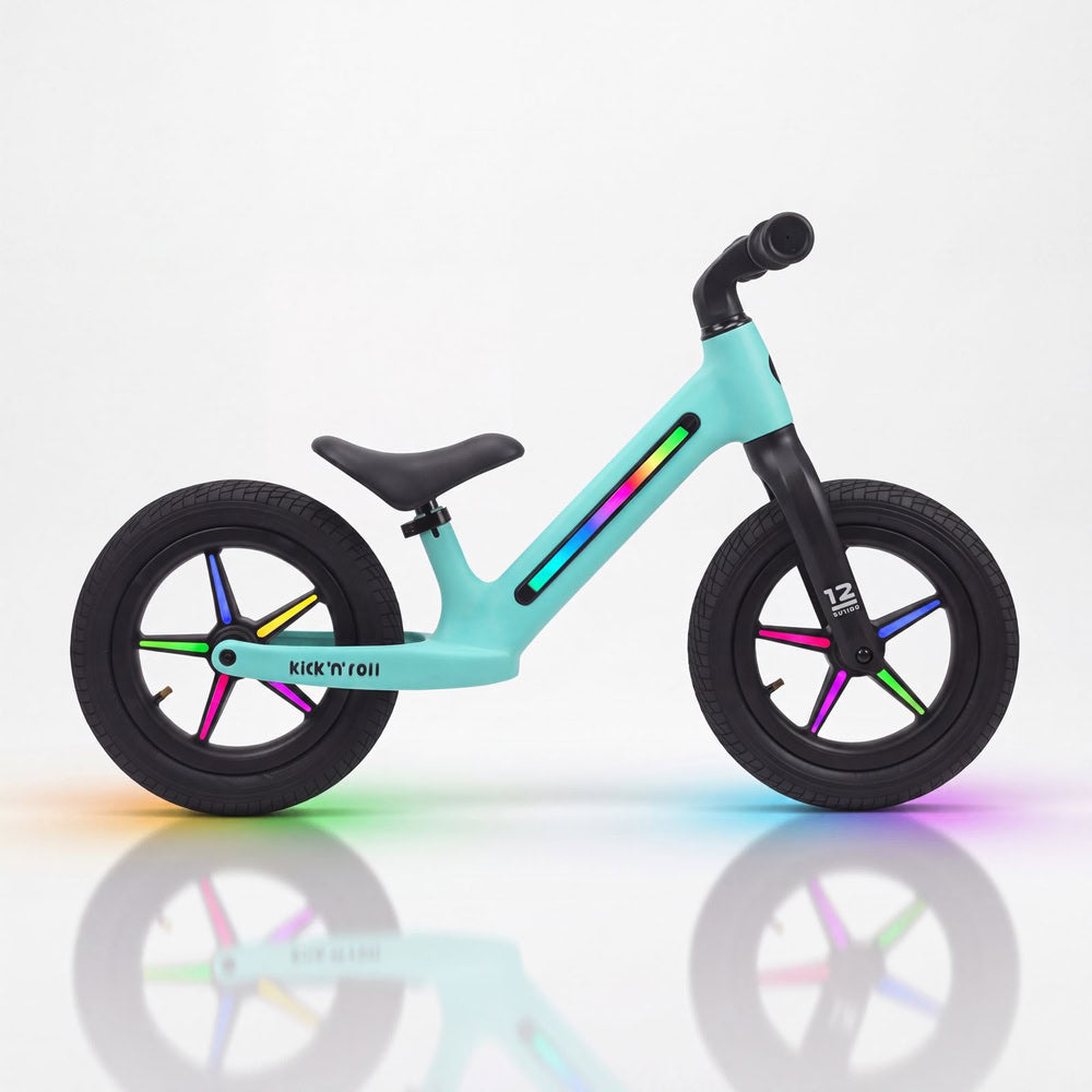 Bicicleta fara pedale pentru copii, turcoaz, Kick'n'Roll B360, reglabila, cadru si spite cu efecte luminoase, 3+ ani, suport maxim 30 kg