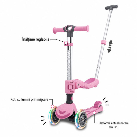 Trotineta copii pliabila 3 in 1, roz, Kick'n'Roll S6 ECO, cu bara de impingere detasabila, ghidon reglabil, scaun detasabil, cu 3 roti luminoase, 3+ ani, suport maxim 50 kg platforma, suport maxim 20 kg scaun