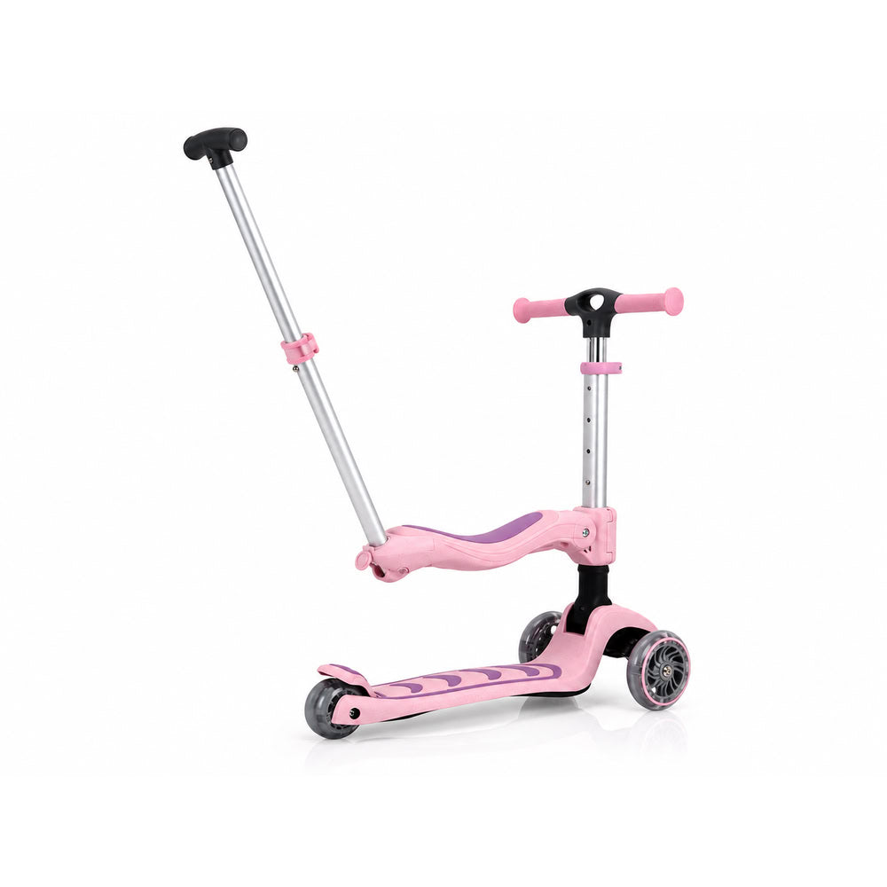 Trotineta copii pliabila 3 in 1, roz, Kick'n'Roll S6 ECO, cu bara de impingere detasabila, ghidon reglabil, scaun detasabil, cu 3 roti luminoase, 3+ ani, suport maxim 50 kg platforma, suport maxim 20 kg scaun