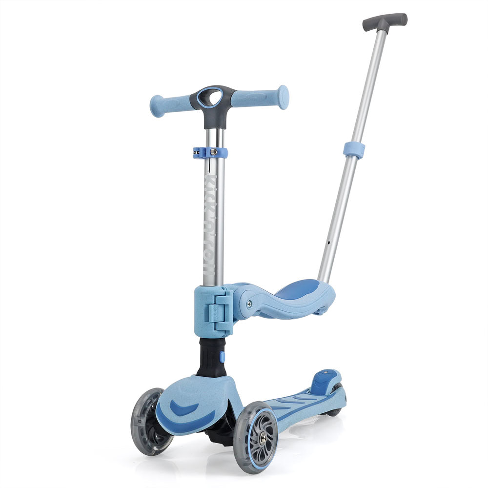 Trotineta copii pliabila 3 in 1, albastru, Kick'n'Roll S6 ECO, cu bara de impingere detasabila, ghidon reglabil, scaun detasabil, cu 3 roti luminoase, 3+ ani, suport maxim 50kg, suport maxim 20 kg scaun