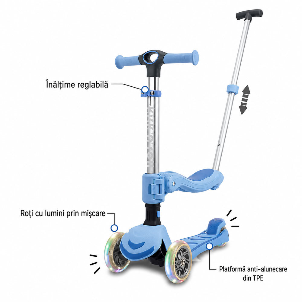 Trotineta copii pliabila 3 in 1, albastru, Kick'n'Roll S6 ECO, cu bara de impingere detasabila, ghidon reglabil, scaun detasabil, cu 3 roti luminoase, 3+ ani, suport maxim 50kg, suport maxim 20 kg scaun