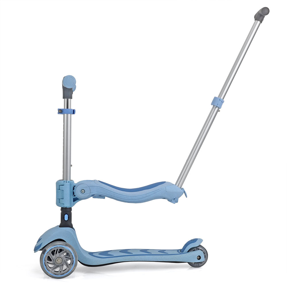 Trotineta copii pliabila 3 in 1, albastru, Kick'n'Roll S6 ECO, cu bara de impingere detasabila, ghidon reglabil, scaun detasabil, cu 3 roti luminoase, 3+ ani, suport maxim 50kg, suport maxim 20 kg scaun