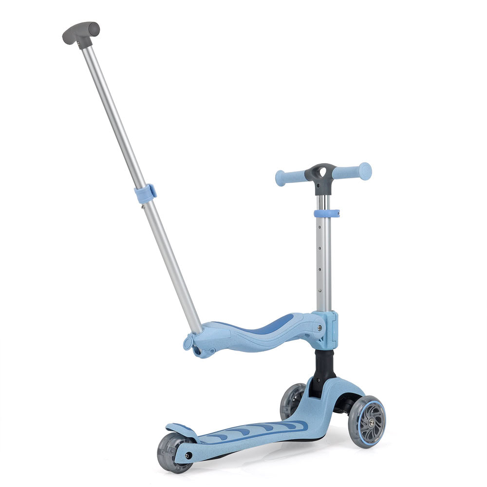 Trotineta copii pliabila 3 in 1, albastru, Kick'n'Roll S6 ECO, cu bara de impingere detasabila, ghidon reglabil, scaun detasabil, cu 3 roti luminoase, 3+ ani, suport maxim 50kg, suport maxim 20 kg scaun