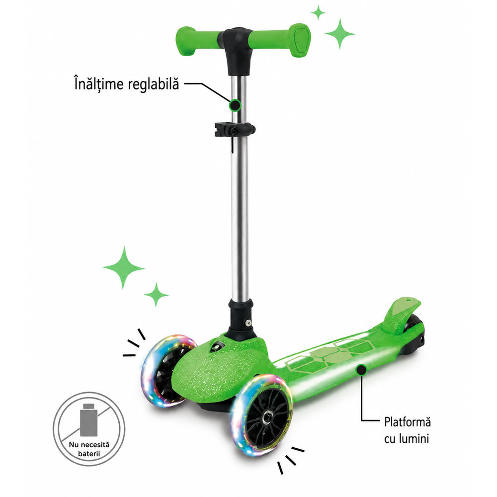 Trotineta copii pliabila, verde, Kick'n'Roll  L5 Jelly, cu 3 roti luminoase si platforma cu banda de LED multicolorata, ghidon reglabil, 3+ ani, suport maxim 50kg