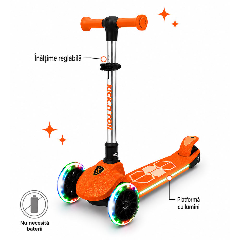 Trotineta copii pliabila, portocaliu, Kick'n'Roll  L5 Jelly, cu 3 roti luminoase si platforma cu banda de LED multicolorata, ghidon reglabil, 3+ ani, suport maxim 50kg