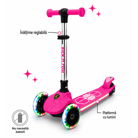 Trotineta copii pliabila, roz, Kick'n'Roll  L5 Jelly, cu 3 roti luminoase si platforma cu banda de LED multicolorata, ghidon reglabil, 3+ ani, suport maxim 50kg