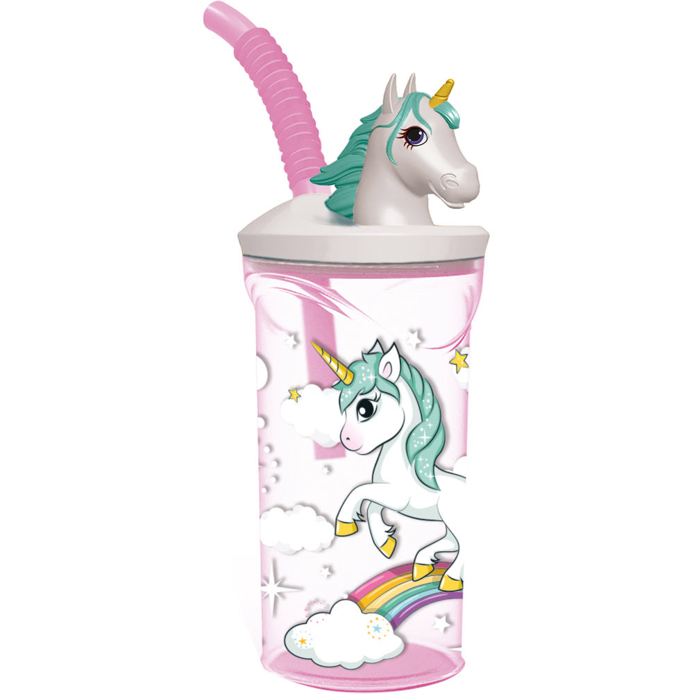 Pahar cu pai flexibil pentru copii, din plastic, cu tematica unicorn si figurina 3D, 360 ml, roz - STOR