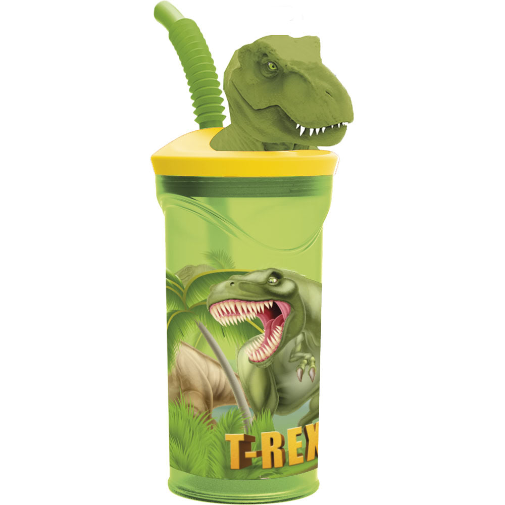 Pahar cu pai flexibil pentru copii, din plastic, cu tematica dinosaur si figurina 3D, 360 ml, verde - STOR