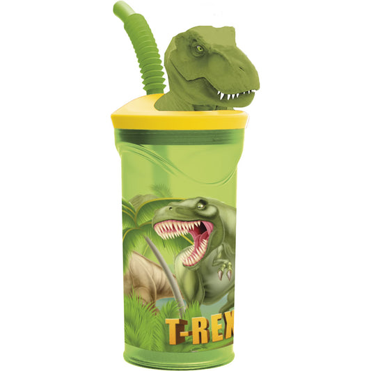 Pahar cu pai flexibil pentru copii, din plastic, cu tematica dinosaur si figurina 3D, 360 ml, verde - STOR