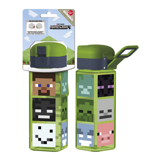 Sticla de apa pentru copii, din plastic, patrata, cu licenta Minecraft, capac cu sistem de blocare antiscurgere si sistem de agatare, 550 ml, din materiale Ecozen, ambalaj cu euro-agatatoare, verde - STOR