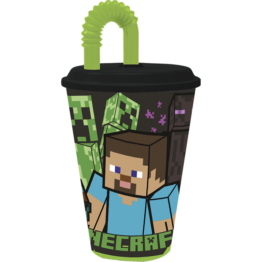 Pahar cu pai flexibil pentru copii, din plastic, licenta Minecraft, 430 ml, verde - STOR