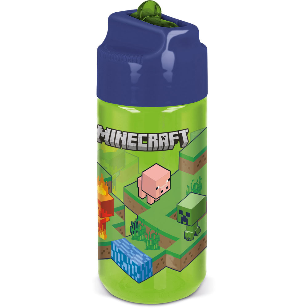 Sticla de apa pentru copii, din plastic cu pai incorporat si cioc flip-up cu sistem antiscurgere, licenta Minecraft, 430 ml, din materiale Ecozen, verde - STOR