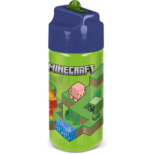 Sticla de apa pentru copii, din plastic cu pai incorporat si cioc flip-up cu sistem antiscurgere, licenta Minecraft, 430 ml, din materiale Ecozen, verde - STOR