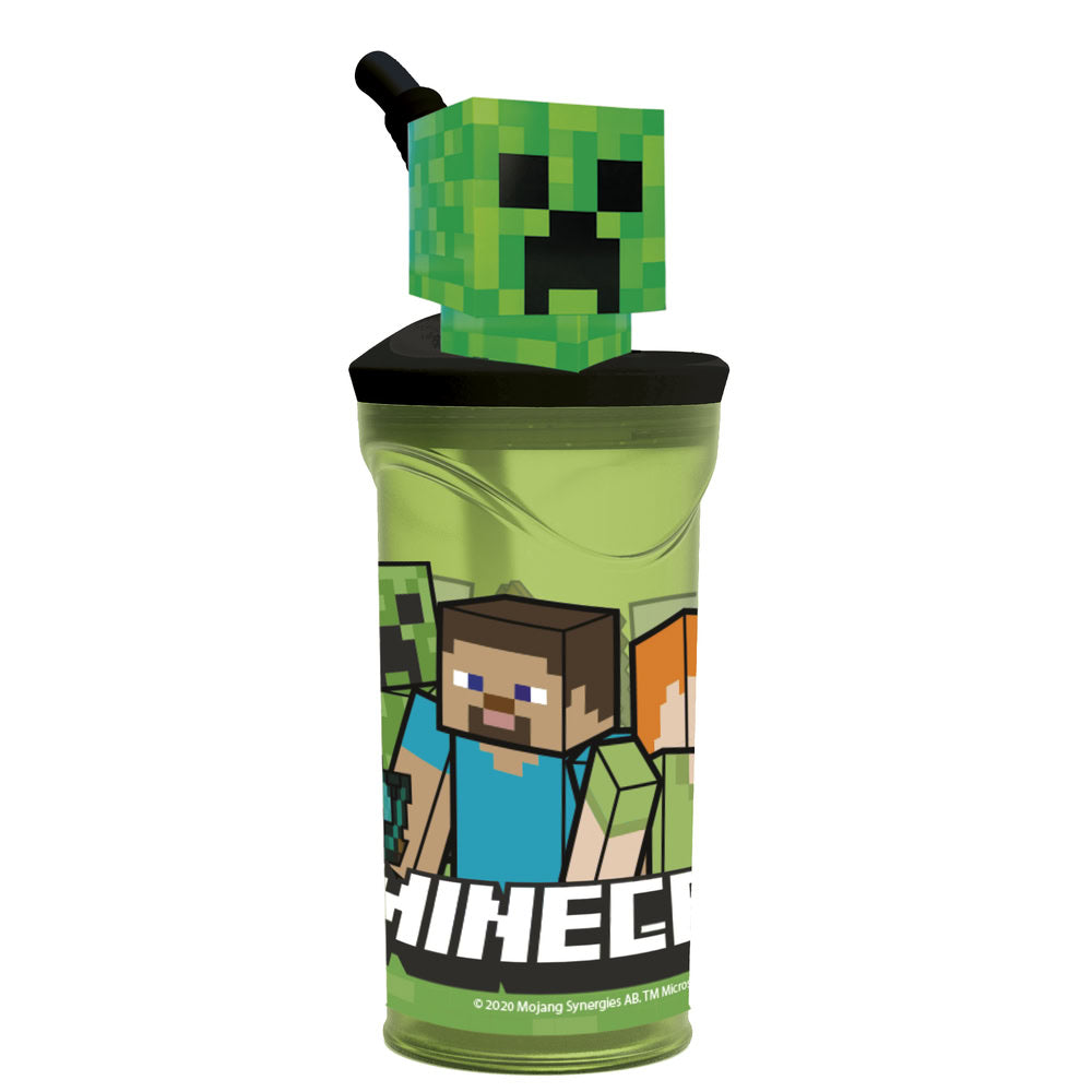 Pahar cu pai flexibil pentru copii, din plastic, cu licenta si figurina 3D Minecraft, 360 ml, verde - STOR