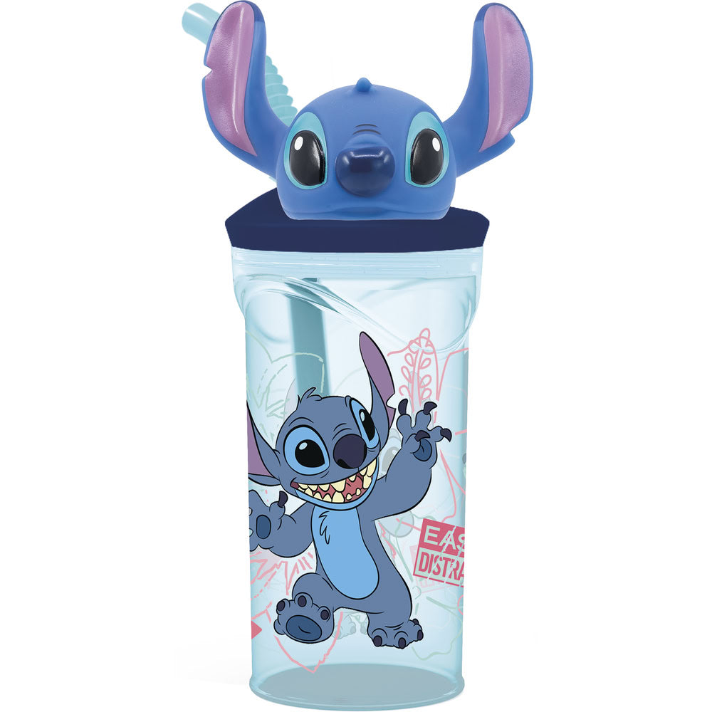 Pahar cu pai flexibil pentru copii, din plastic, cu licenta si figurina 3D Stitch, 360 ml, albastru - STOR