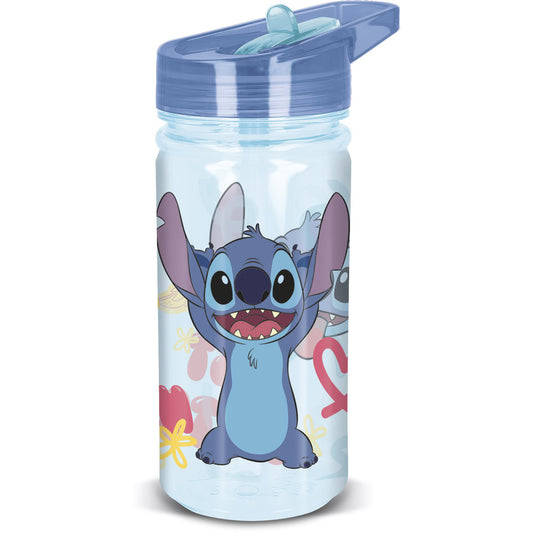 Sticla de apa pentru copii, din plastic, cu pai incorporat si cioc flip-up cu sistem antiscurgere, maner de agatare, licenta Stitch, 475 ml, din materiale Ecozen, albastru - STOR