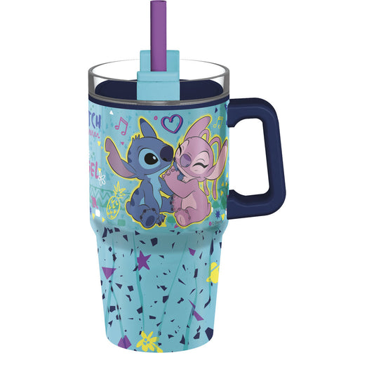 Cana termo cu perete dublu si maner, pentru copii, din otel inoxidabil, plastic si silicon, capac cu inchidere rotativa, pai incorporat si cioc flip-up cu sistem antiscurgere, cu licenta Stitch, 640 ml, albastru - STOR