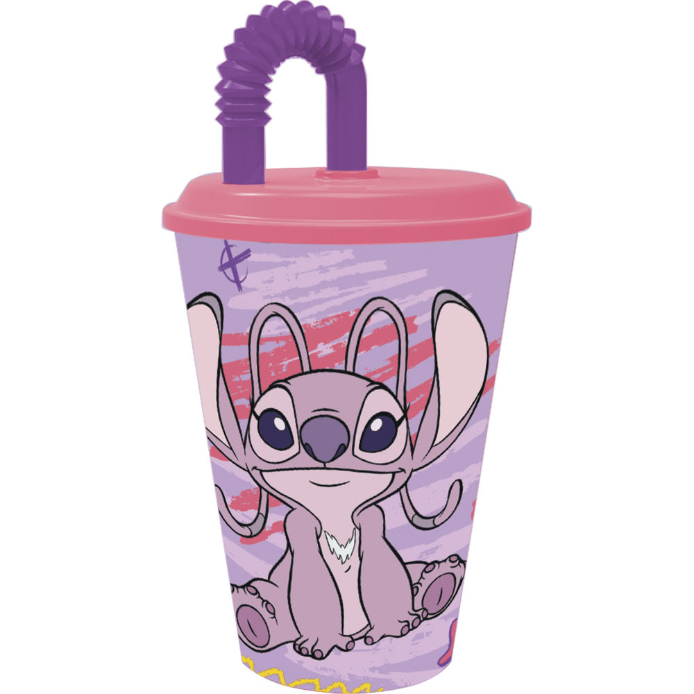 Pahar cu pai flexibil pentru copii, din plastic, licenta Stitch Angel, 430 ml, mov - STOR