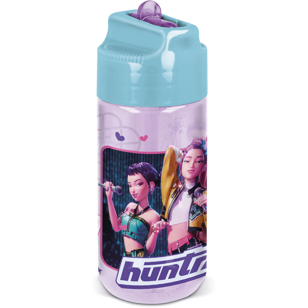 Sticla de apa pentru copii, din plastic cu pai incorporat si cioc flip-up cu sistem antiscurgere, licenta Demon Hunters, 430 ml, din materiale Ecozen, mov - STOR