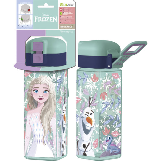 Sticla de apa pentru copii, din plastic, patrata, cu licenta Regatul de Gheata, capac cu sistem de blocare antiscurgere si sistem de agatare, 550 ml, din materiale Ecozen, ambalaj cu euro-agatatoare, turcoaz - STOR