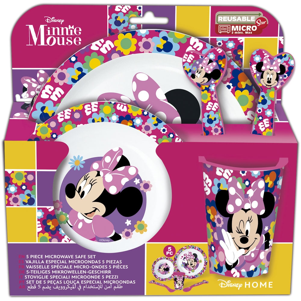 Set masa pentru copii, din plastic - 5 piese, farfurii, pahar 260 ml si tacamuri, cu licenta Minnie, potrivit pentru microunde, ambalaj cu euro-agatatoare