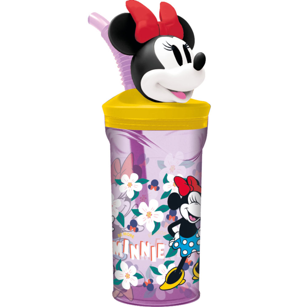 Pahar cu pai flexibil pentru copii, din plastic, cu licenta si figurina 3D Minnie Mouse, 360 ml, mov - STOR