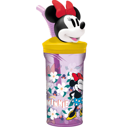 Pahar cu pai flexibil pentru copii, din plastic, cu licenta si figurina 3D Minnie Mouse, 360 ml, mov - STOR