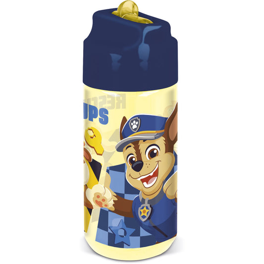 Sticla de apa pentru copii, din plastic cu pai incorporat si cioc flip-up cu sistem antiscurgere, licenta Patrula Catelusilor, Boy Rescue Pups, 430 ml, din materiale Ecozen, galben - STOR
