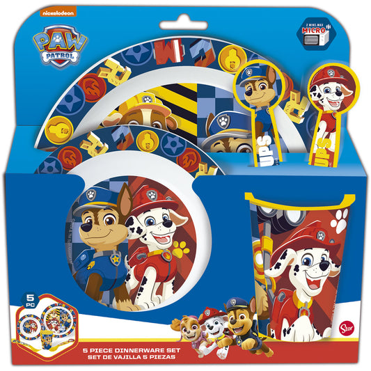 Set masa pentru copii, din plastic - 5 piese, farfurii, pahar 260 ml si tacamuri, cu licenta Patrula Catelusilor, Boy Rescue Pups, potrivit pentru microunde, ambalaj cu euro-agatatoare