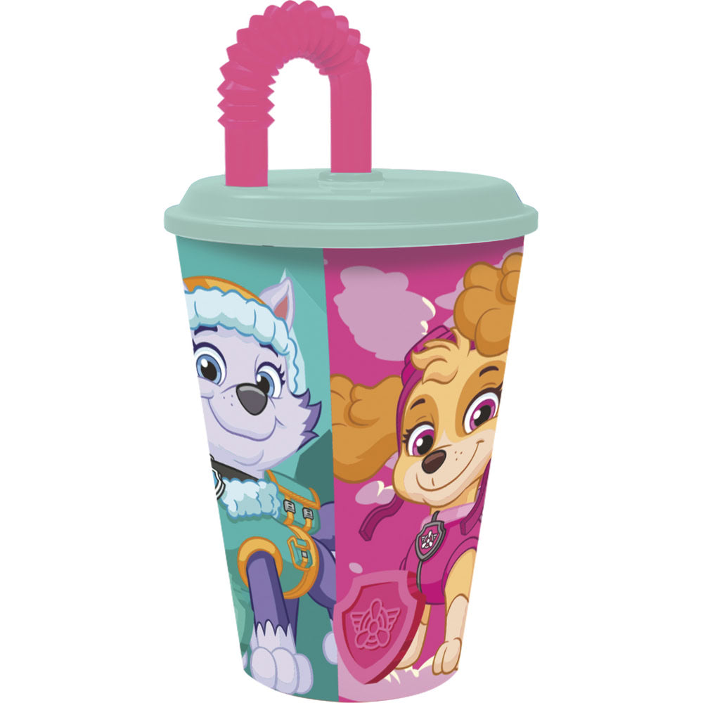 Pahar cu pai flexibil pentru copii, din plastic, licenta Patrula Catelusilor, Girl Superpowers, 430 ml, roz - STOR