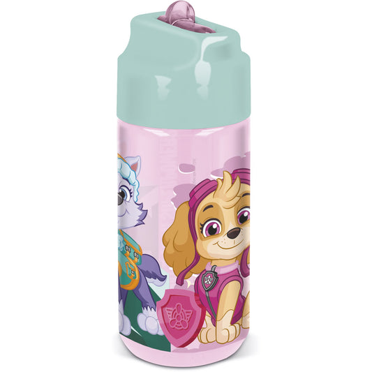 Sticla de apa pentru copii, din plastic cu pai incorporat si cioc flip-up cu sistem antiscurgere, licenta Patrula Catelusilor, Girl Superpowers, 430 ml, din materiale Ecozen, roz - STOR