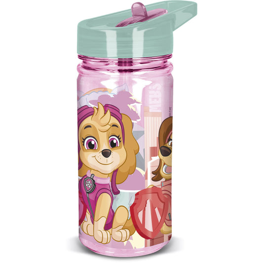 Sticla de apa pentru copii, din plastic, cu pai incorporat si cioc flip-up cu sistem antiscurgere, maner de agatare, licenta Patrula Catelusilor, Girl Superpowers, 475 ml, din materiale Ecozen, roz - STOR