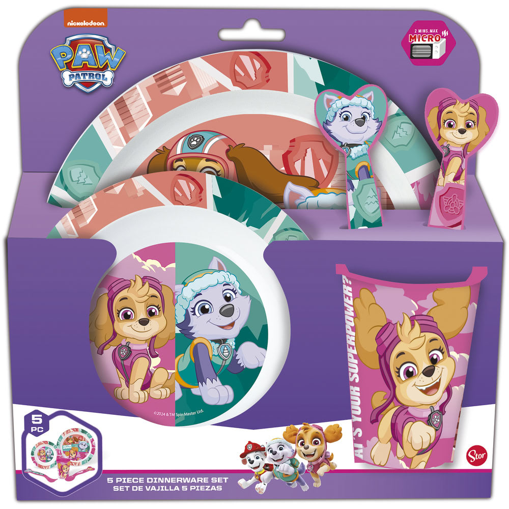 Set masa pentru copii, din plastic - 5 piese, farfurii, pahar 260 ml si tacamuri, cu licenta Patrula Catelusilor, Girl Superpowers, potrivit pentru microunde, ambalaj cu euro-agatatoare