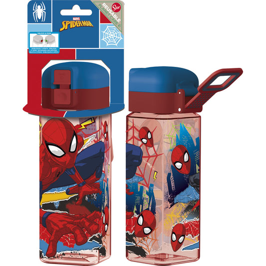 Sticla de apa pentru copii, din plastic, patrata, cu licenta Spider-Man, capac cu sistem de blocare antiscurgere si sistem de agatare, 550 ml, din materiale Ecozen, ambalaj cu euro-agatatoare, rosu - STOR