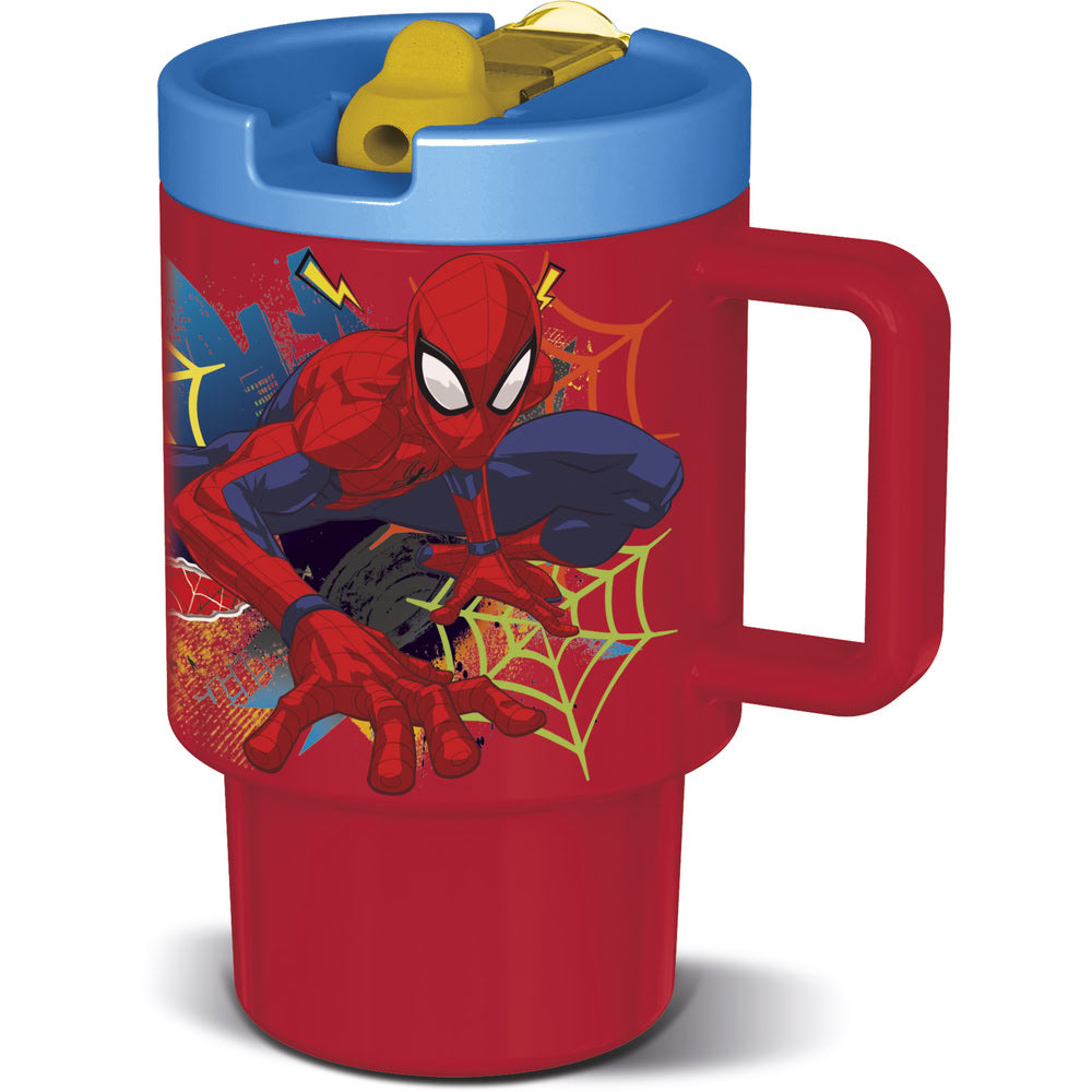 Cana cu maner pentru copii, din plastic, capac cu filet, pai incorporat si cioc flip-up cu sistem antiscurgere, cu licenta Spider-Man, 530 ml, potrivit pentru microunde, rosu - STOR