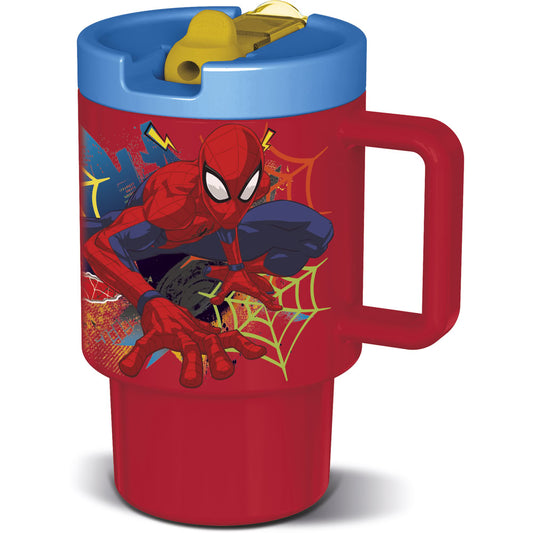 Cana cu maner pentru copii, din plastic, capac cu filet, pai incorporat si cioc flip-up cu sistem antiscurgere, cu licenta Spider-Man, 530 ml, potrivit pentru microunde, rosu - STOR