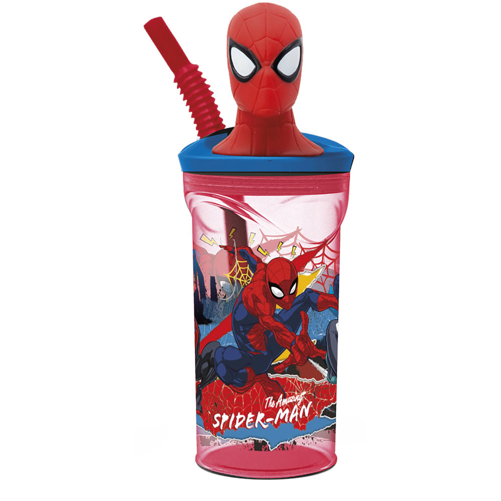 Pahar cu pai flexibil pentru copii, din plastic, cu licenta si figurina 3D Spider-Man, 360 ml, rosu - STOR