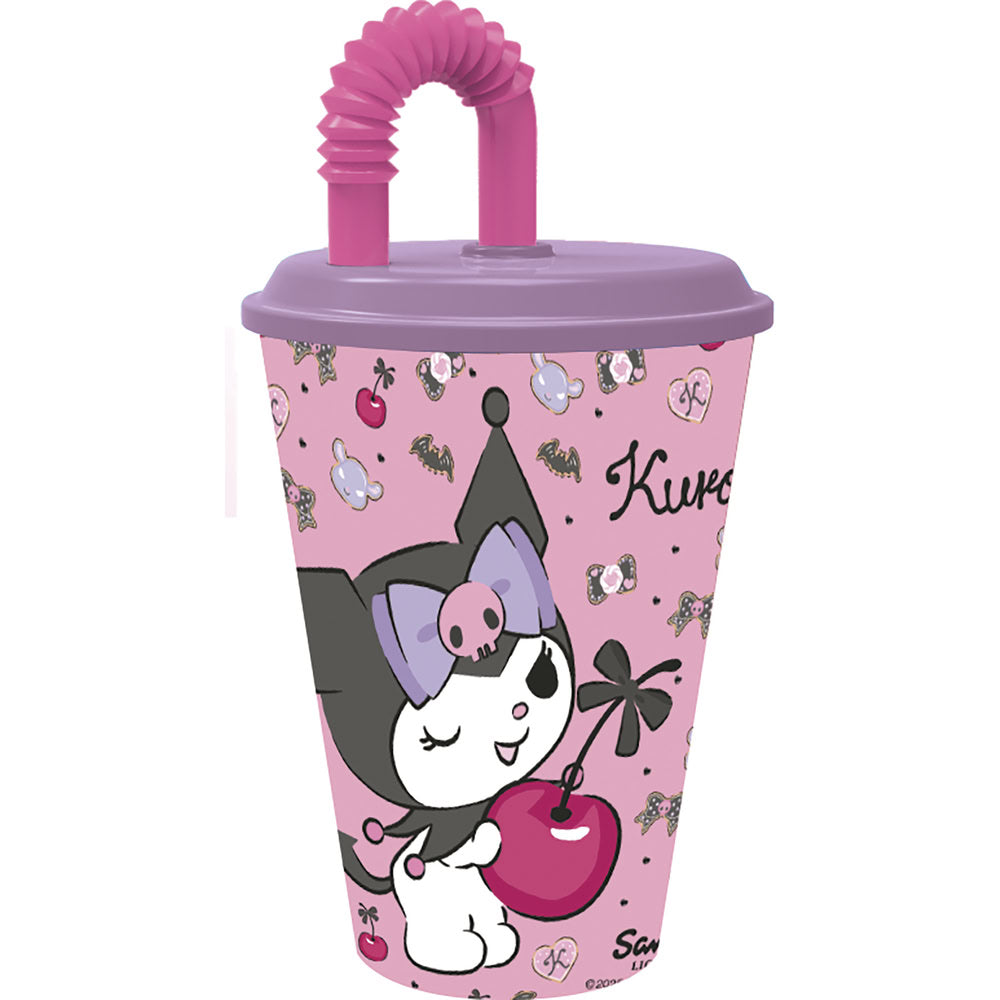 Pahar cu pai flexibil pentru copii, din plastic, licenta Kuromi, 430 ml, roz - STOR