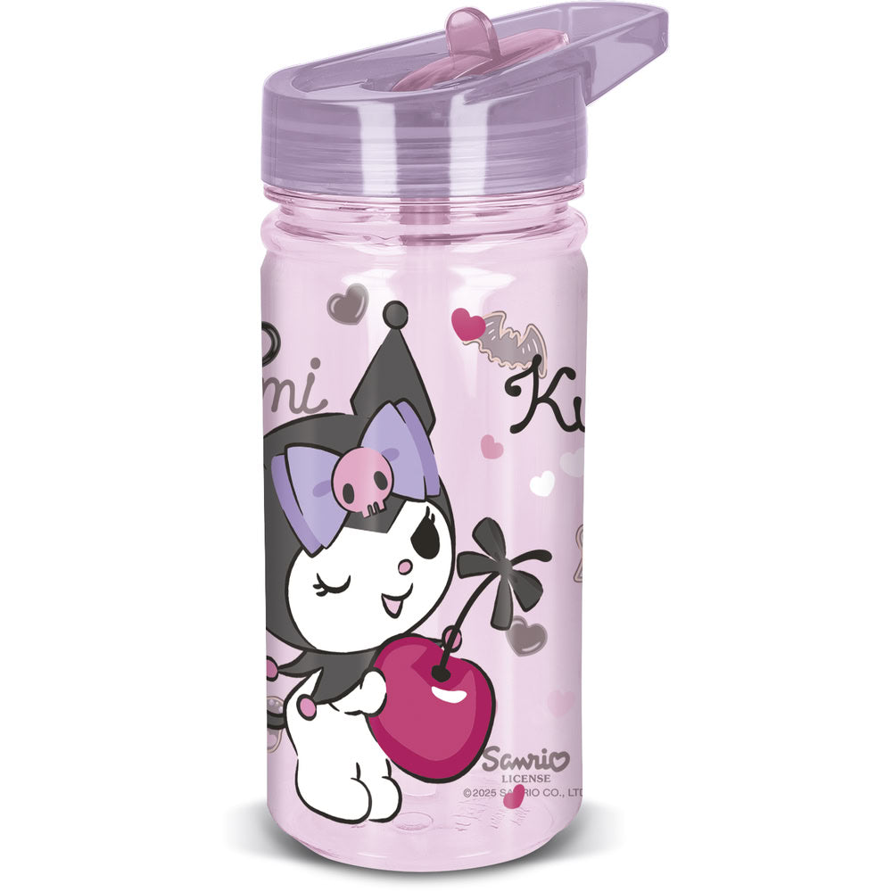 Sticla de apa pentru copii, din plastic, cu pai incorporat si cioc flip-up cu sistem antiscurgere, maner de agatare, licenta Kuromi, 475 ml, din materiale Ecozen, roz - STOR