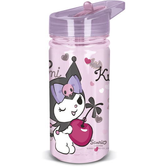 Sticla de apa pentru copii, din plastic, cu pai incorporat si cioc flip-up cu sistem antiscurgere, maner de agatare, licenta Kuromi, 475 ml, din materiale Ecozen, roz - STOR