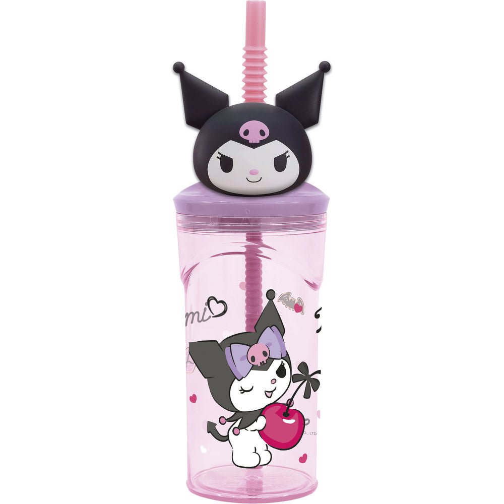 Pahar cu pai flexibil pentru copii, din plastic, cu licenta si figurina 3D Kuromi, 360 ml, roz - STOR
