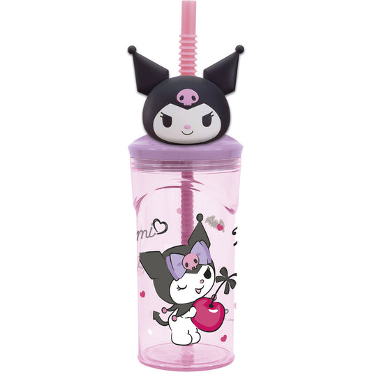 Pahar cu pai flexibil pentru copii, din plastic, cu licenta si figurina 3D Kuromi, 360 ml, roz - STOR