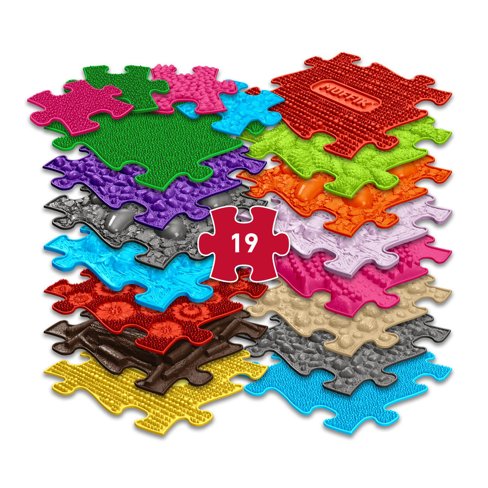 Set covorase ortopedice senzoriale Muffik XXL, pentru stimulare tactila, echilibru si dezvoltare motrica, 19 piese, multiple dimensiuni, 1+ ani