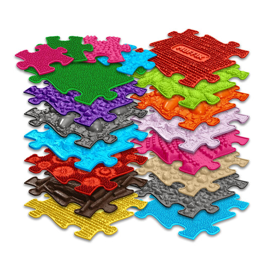 Set covorase ortopedice senzoriale Muffik XXL, pentru stimulare tactila, echilibru si dezvoltare motrica, 19 piese, multiple dimensiuni, 1+ ani