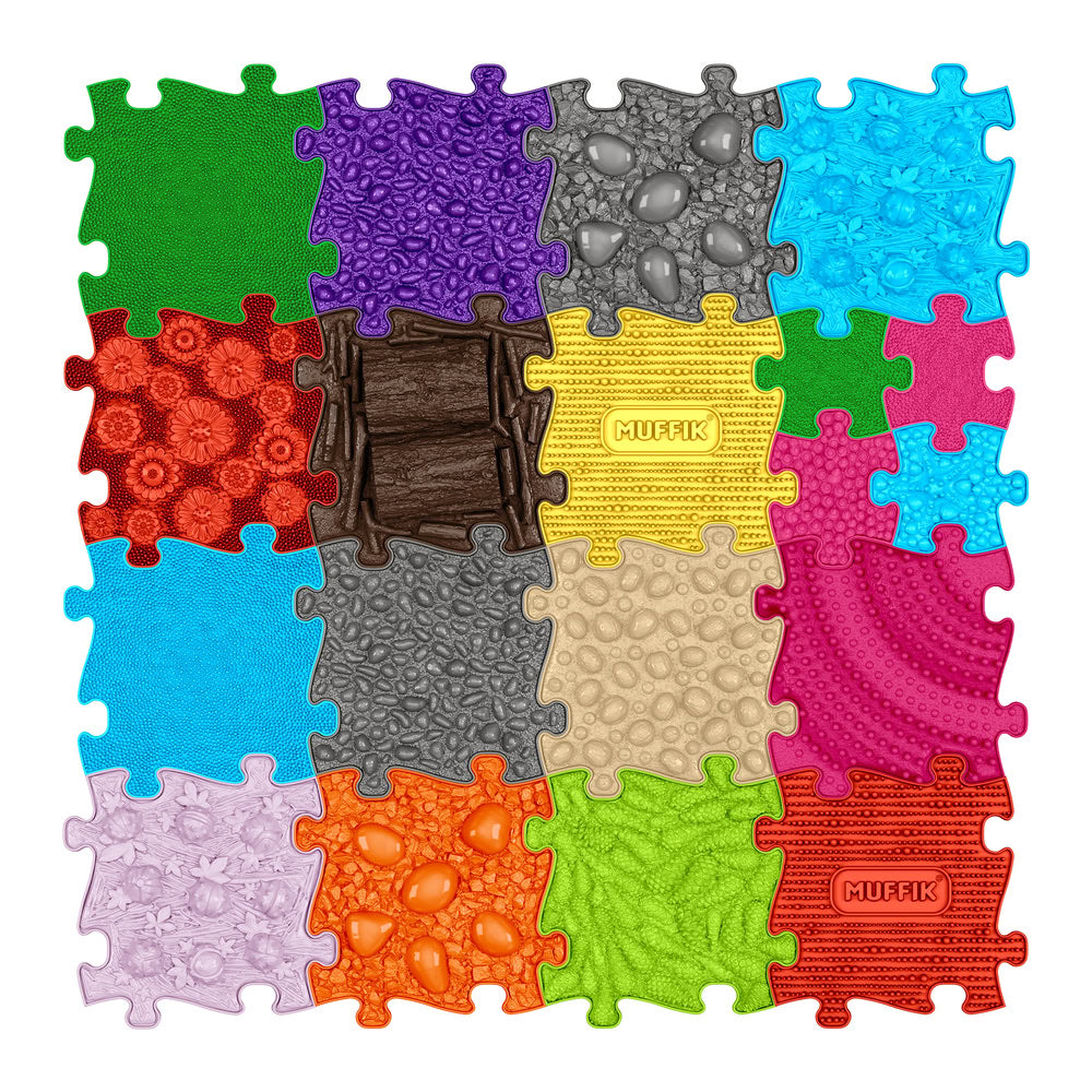 Set covorase ortopedice senzoriale Muffik XXL, pentru stimulare tactila, echilibru si dezvoltare motrica, 19 piese, multiple dimensiuni, 1+ ani