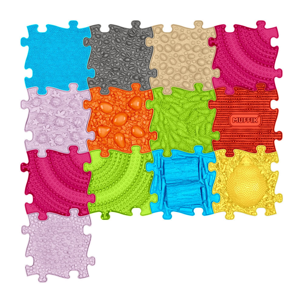 Set covorase ortopedice senzoriale Muffik Huge 1, pentru stimulare tactila, echilibru si dezvoltare motrica, 13 piese, 29.79 x 29.79 cm. 1+ ani