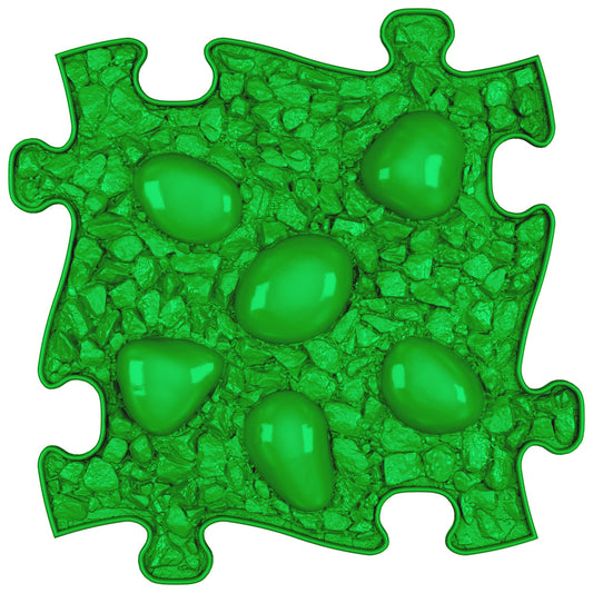 Covoras ortopedic senzorial Muffik Dino Eggs Soft, textura moale pentru masaj plantar si echilibru, verde, 29.79 x 29.79 cm, 1+ ani